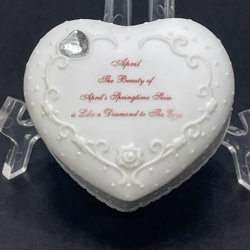 Vtg April's Springtime Skies Porcelain White Heart-Shaped Trinket Box Embossed